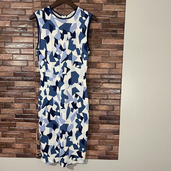 GIVENCHY Geometric Pencil Dress Blue Navy White Knit Stretch Size M Sleeveless - Picture 2 of 11